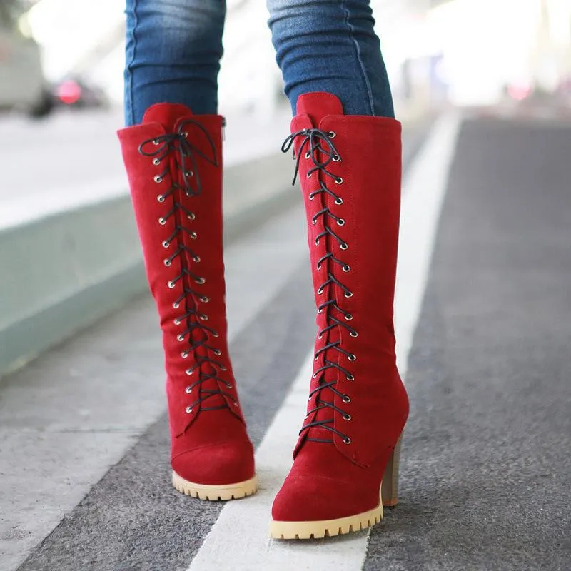 Women knee high chunky heel lace up boots