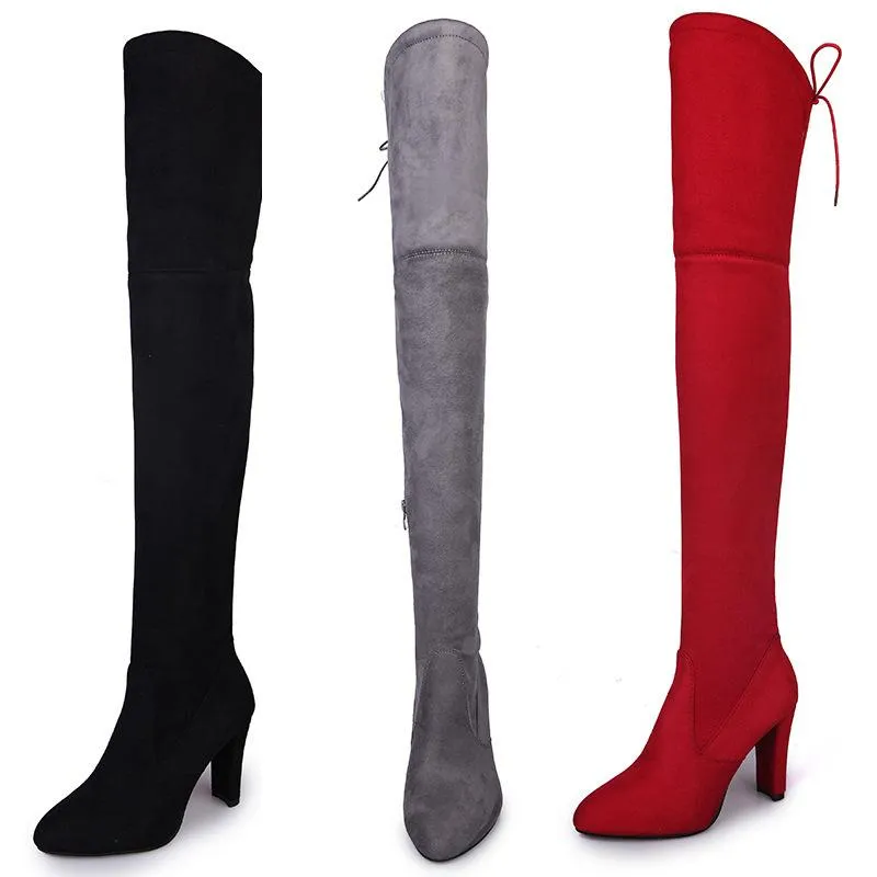 Women pointed toe chunky high heel back lace up over the knee boots