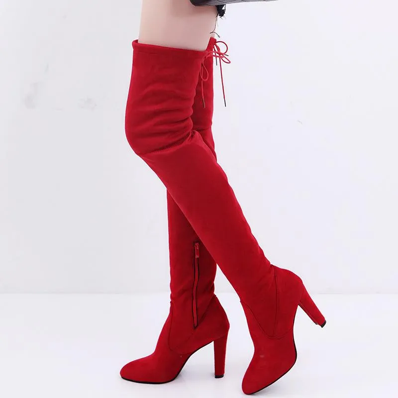 Women pointed toe chunky high heel back lace up over the knee boots