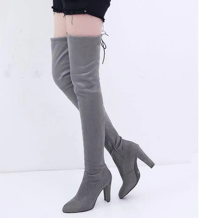 Women pointed toe chunky high heel back lace up over the knee boots