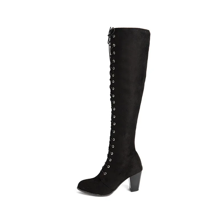 Women's Flock Lace Up Block Heel Knee High Boots