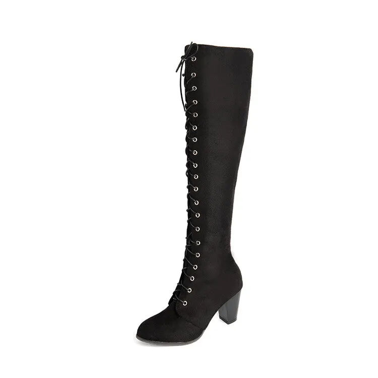 Women's Flock Lace Up Block Heel Knee High Boots