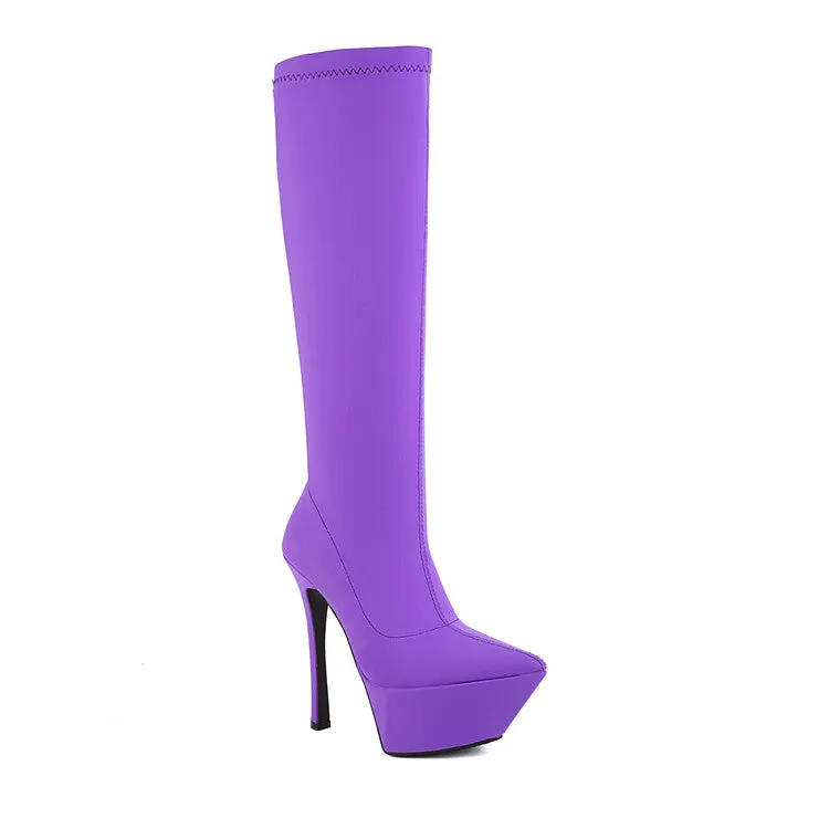 Women's Flock Pointed Toe Stiletto Heel Platform Knee High Boots