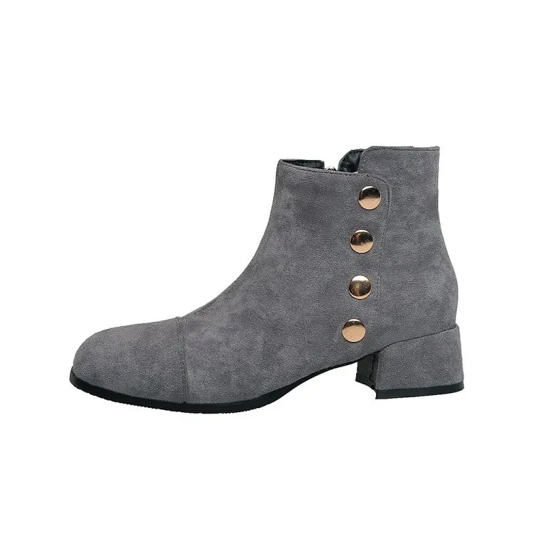 Women's Flock Round Toe Rivets Block Chunky Heel Short Boots