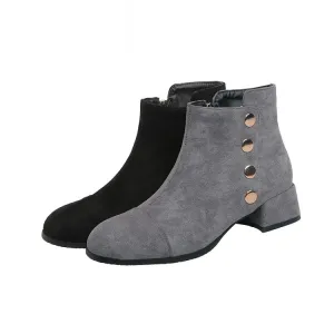 Women's Flock Round Toe Rivets Block Chunky Heel Short Boots