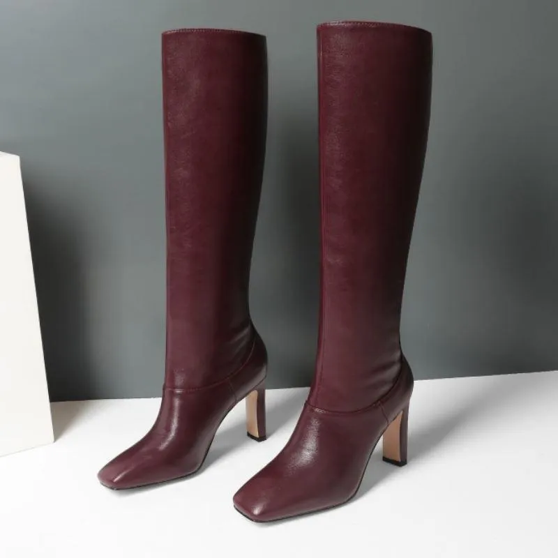 Women's high heeled knee high boots square toe wide calf boots