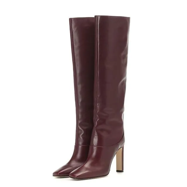 Women's high heeled knee high boots square toe wide calf boots