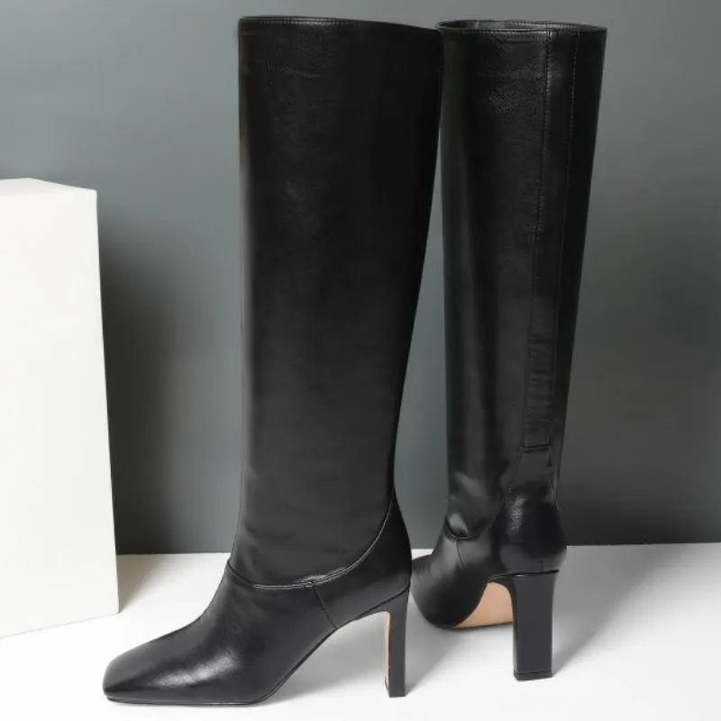 Women's high heeled knee high boots square toe wide calf boots