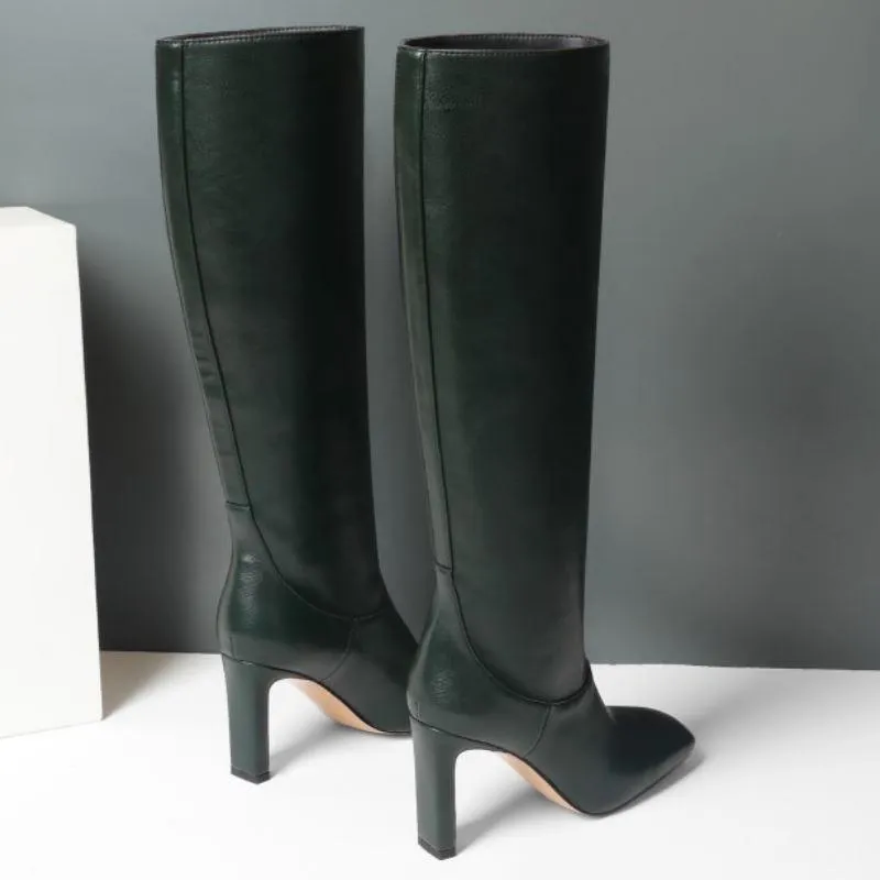 Women's high heeled knee high boots square toe wide calf boots