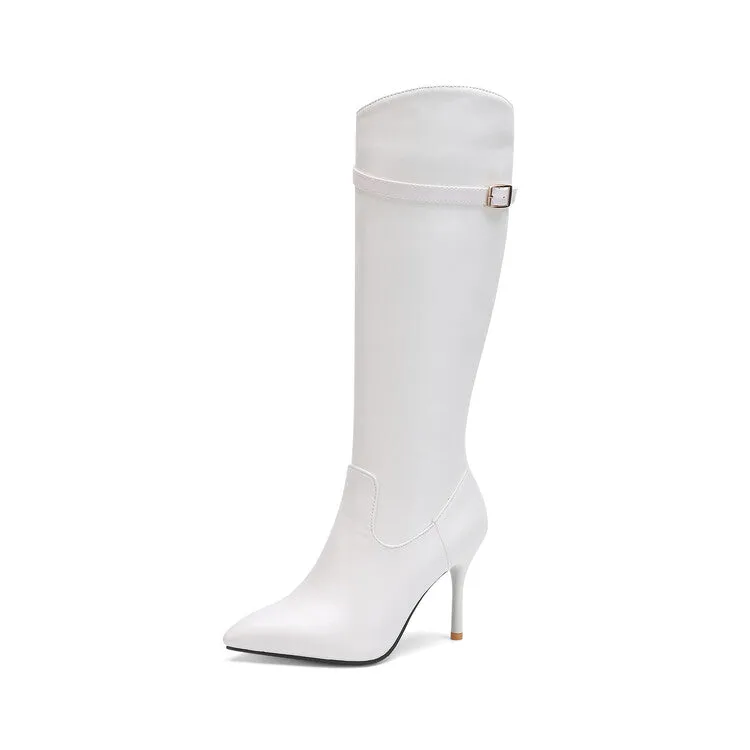 Women's Pointed Toe Buckle Straps Stiletto Heel Zipper Knee High Boots