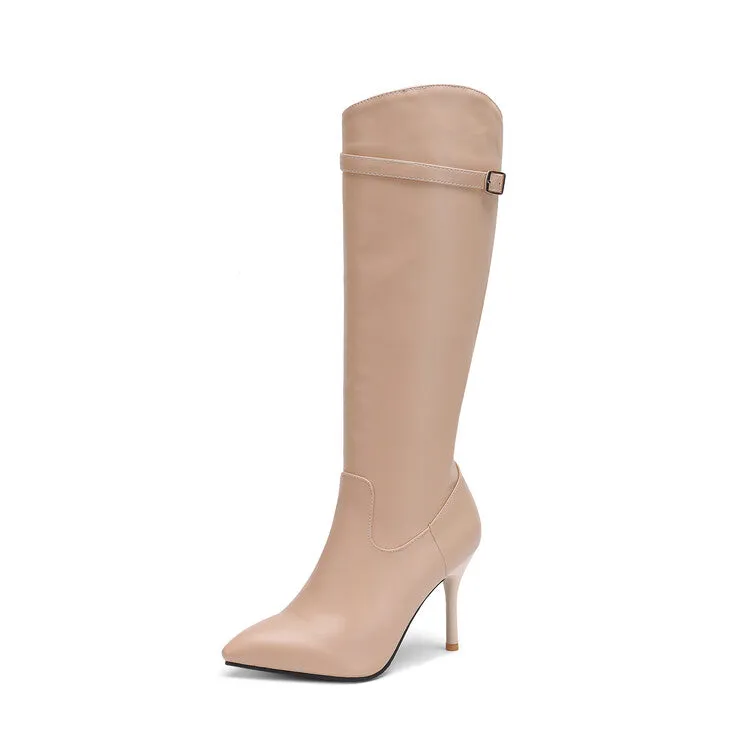 Women's Pointed Toe Buckle Straps Stiletto Heel Zipper Knee High Boots