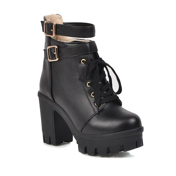 Women's Pu Leather Lace Up Belts Buckles Block Heel Platform Ankle Boots