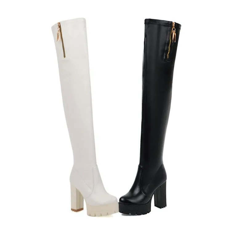 Women's Pu Leather Round Toe Side Zippers Chunky Heel Platform Over the Knee Boots